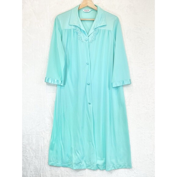 Vintage Vanity Fair Sz 34 Button Down Robe Nightgown Nylon Silky Teal Applique - Picture 1 of 9